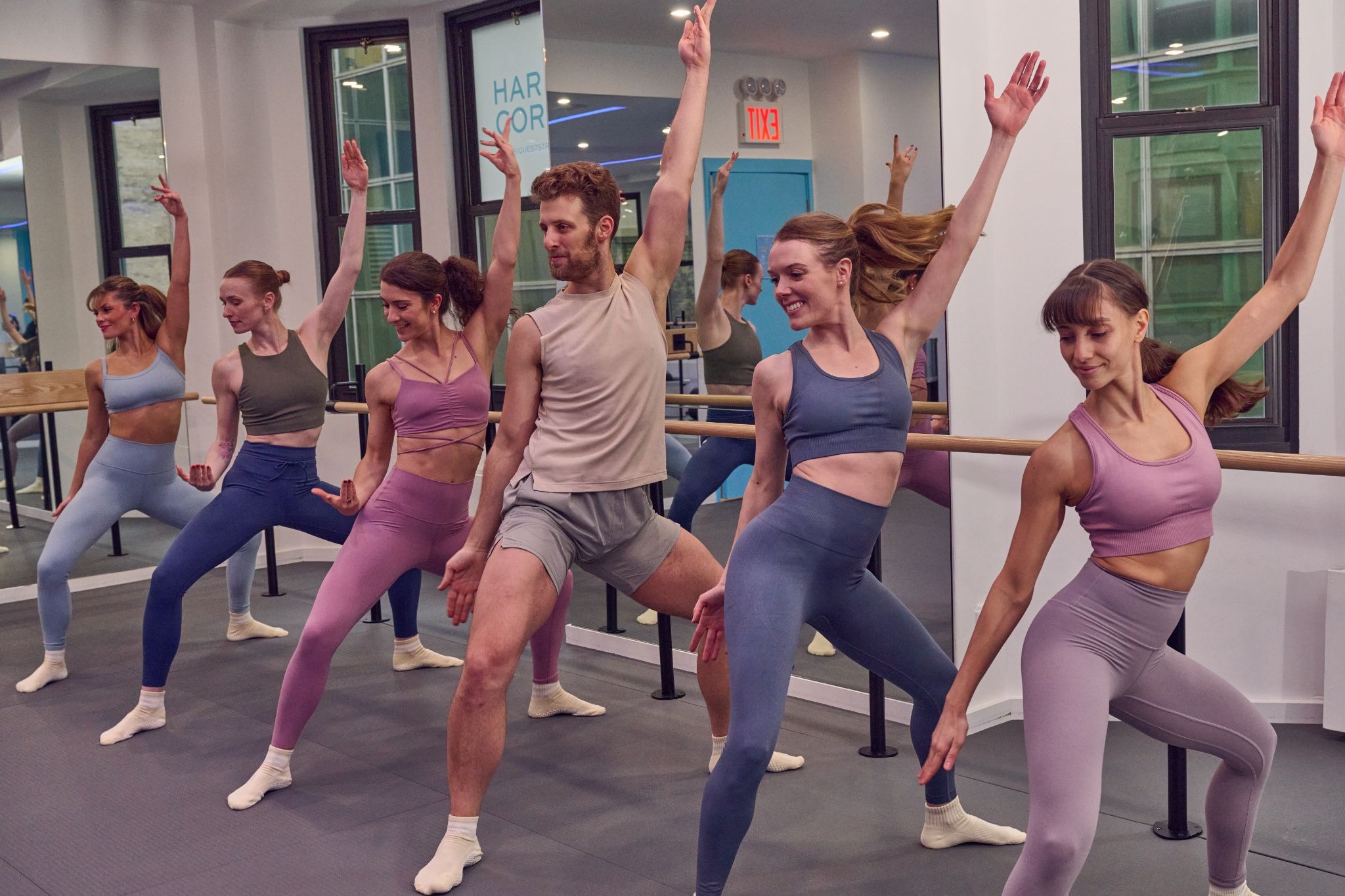 Core strength exercise in a barre class.